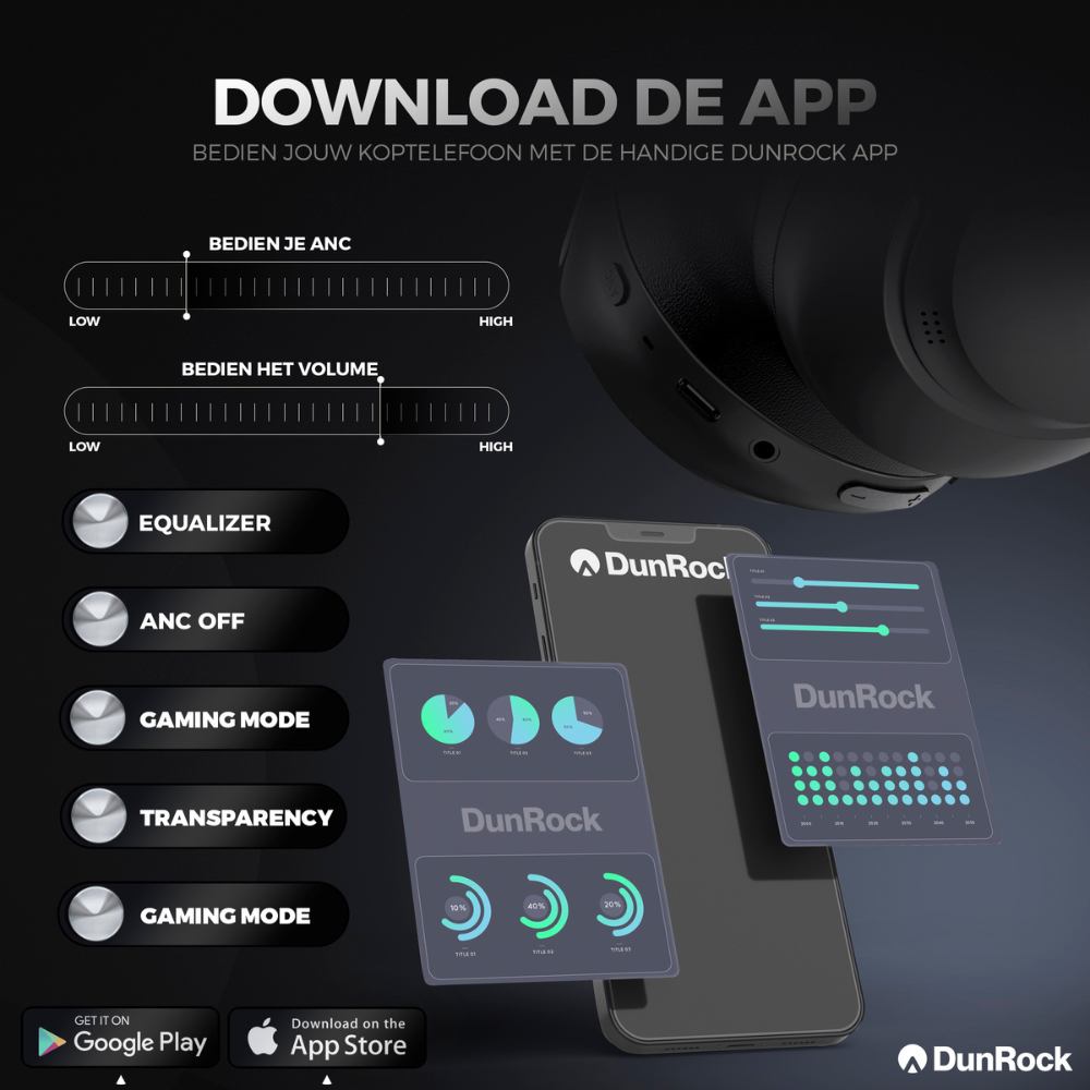 DunRock® Halo - Draadloze koptelefoon - ANC en multipoint - DunRock App voor iOS en Android - Met mic