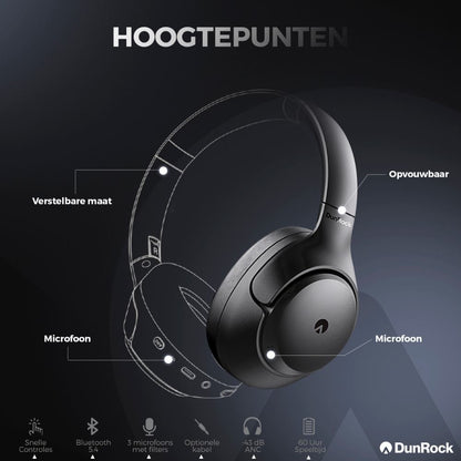 DunRock® Halo koptelefoon met ANC en multipoint - met DunRock app voor iOS en Android- draadloze bluetooth koptelefoon - met filter microfoons