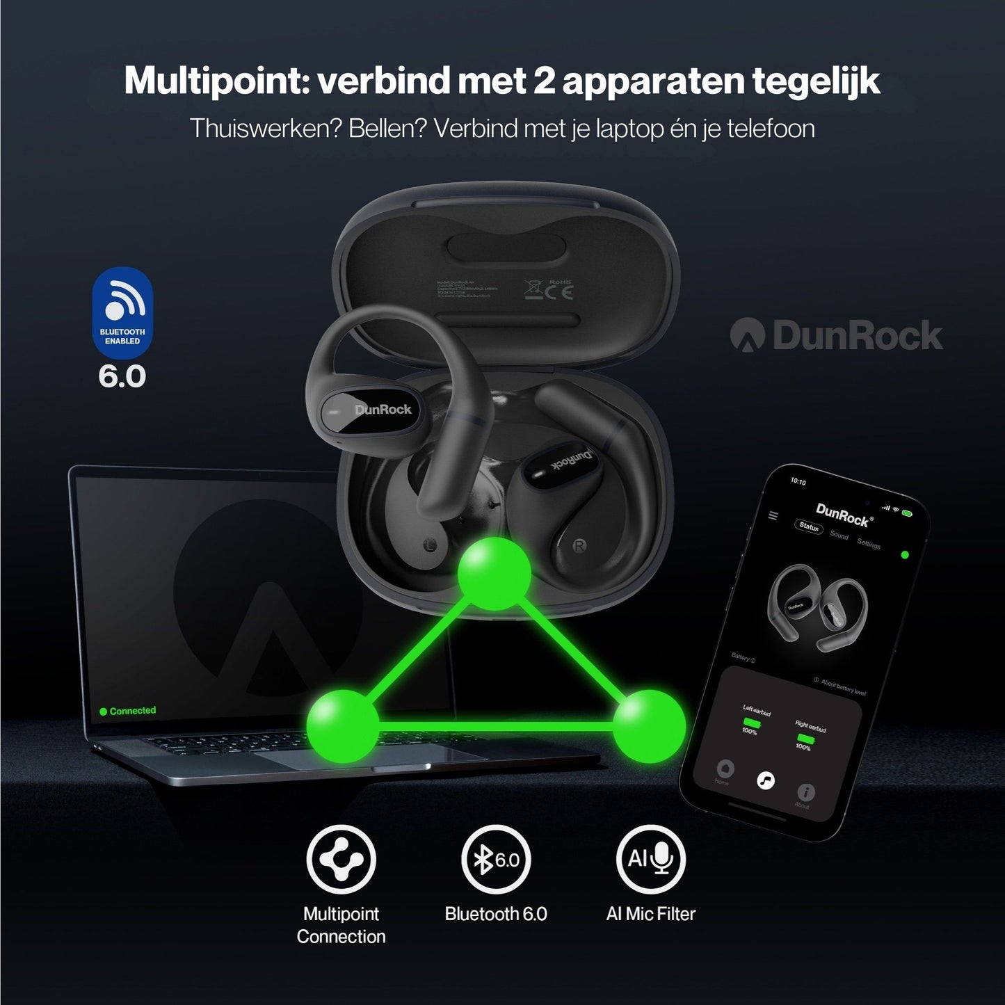 DunRock Air - Open Ear - Bluetooth Oordopjes met Oorboog
